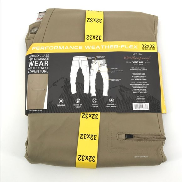Weatherproof Vintage Mens Tech Pants 32x32 Brown Khaki Regular Fit Flex Packable - Picture 6 of 12
